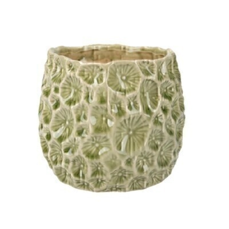 This small sage green patterned ceramic pot cover is made by the London based designer Gisela Graham who designs really beautiful gifts for your home and garden. It is suitable for an artifical or real plant and comes available in small and large sizes. Great to show off your plants and would look great on its own or as part of the set. Would make an ideal gift for a gardener or someone who likes plants. This is the small version. Other colours also available.